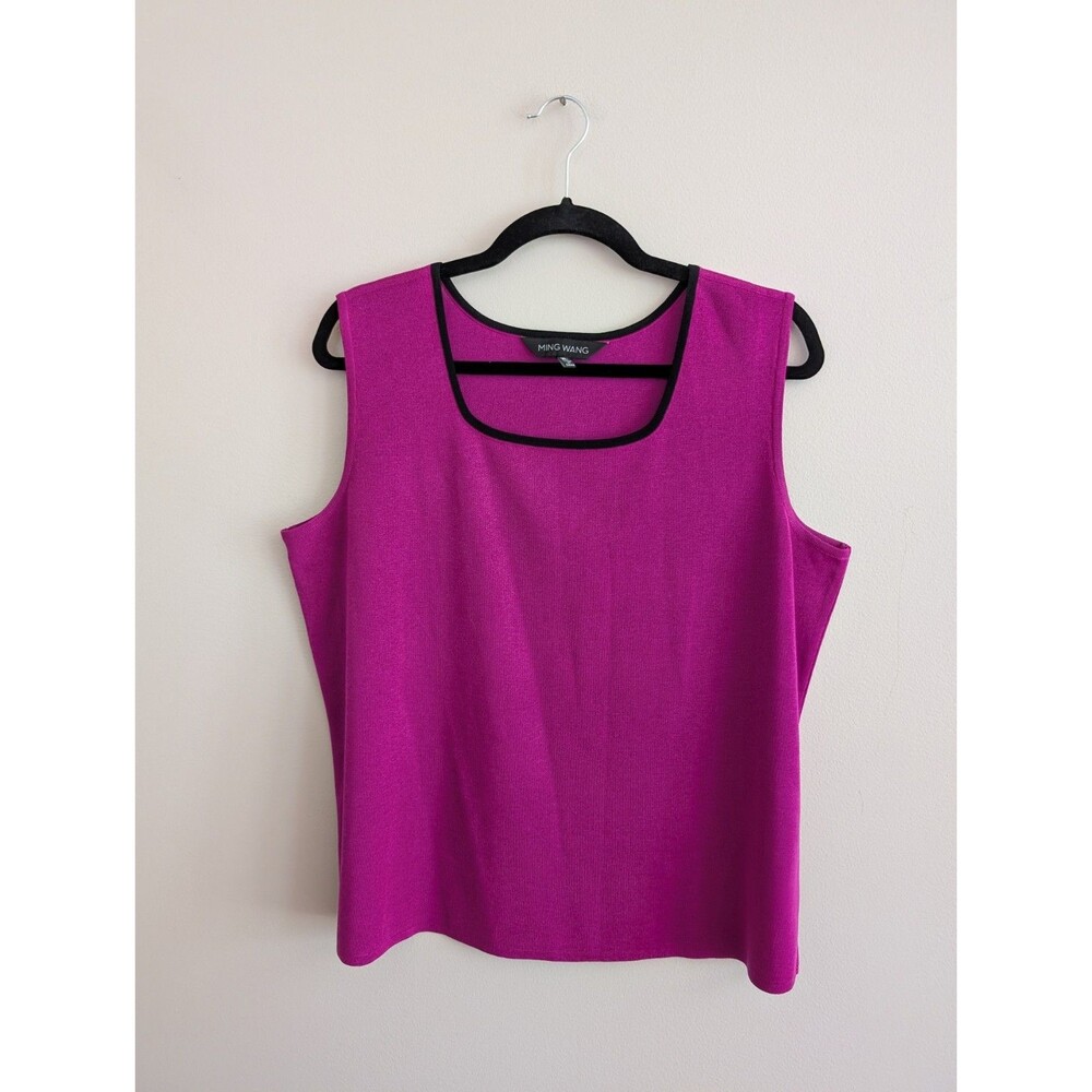 Ming Wang Fuschia Pink Black Piping Sleeveless Top Quiet Luxury Career XL